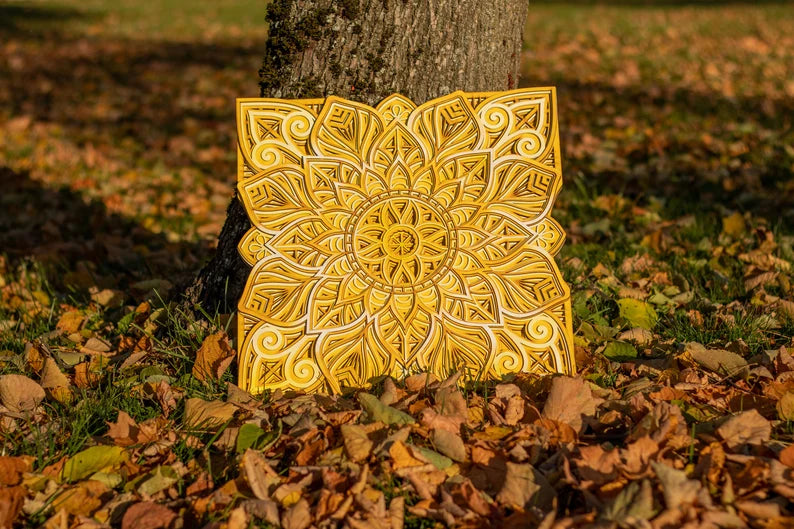 Round wooden mandala with engraved back, handcrafted layered wall art
