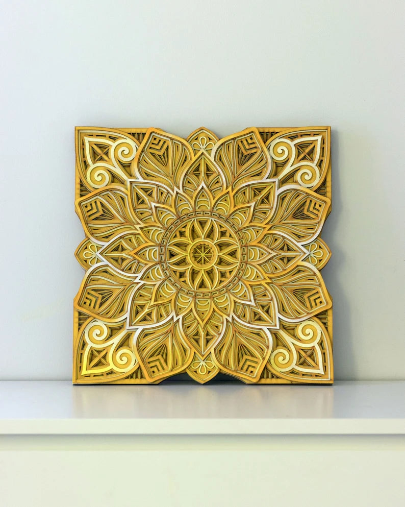 Wooden mandala wall art with subtle edge shading, layered rosette pattern
