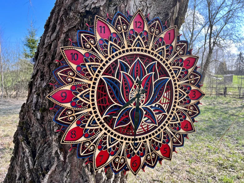 Wood Wall Clock, Geometric Wall Clock, Mandala Wall Art, Home decor