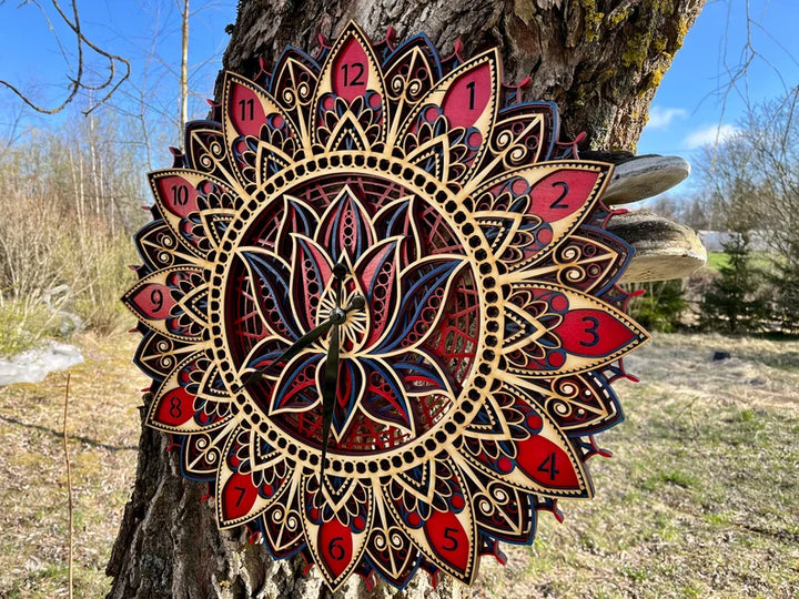 Wood Wall Clock, Geometric Wall Clock, Mandala Wall Art, Home decor