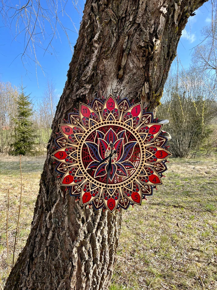 Wood Wall Clock, Geometric Wall Clock, Mandala Wall Art, Home decor