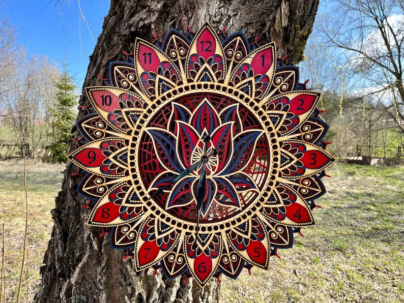 Wood Wall Clock, Geometric Wall Clock, Mandala Wall Art, Home decor